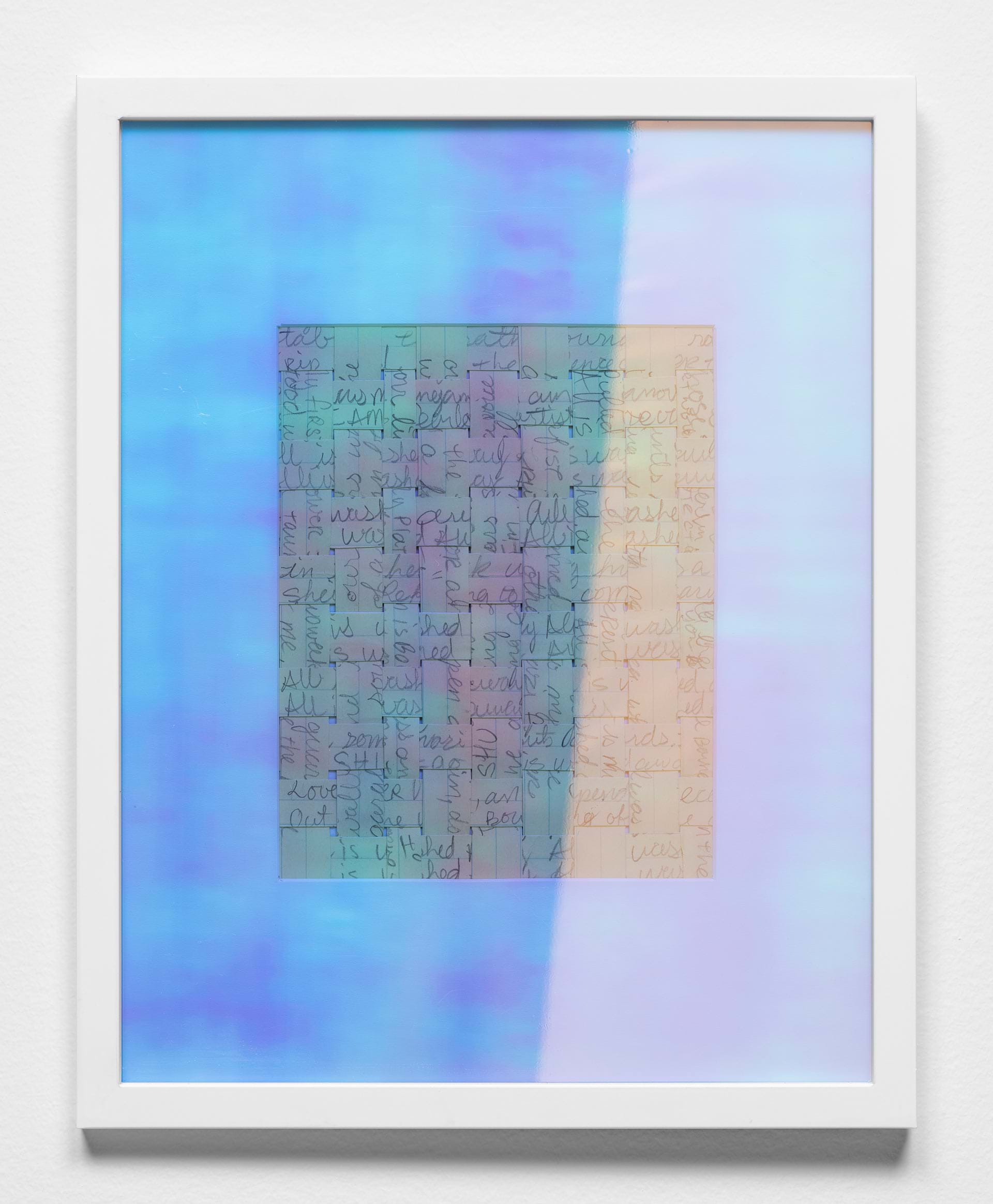 Marcus Manganni
A LOVE BELOW, 2015-2023
Dichroic vinyl, letter to self from prison
14 ½ x 11 ⅝ x 1 ½ inches