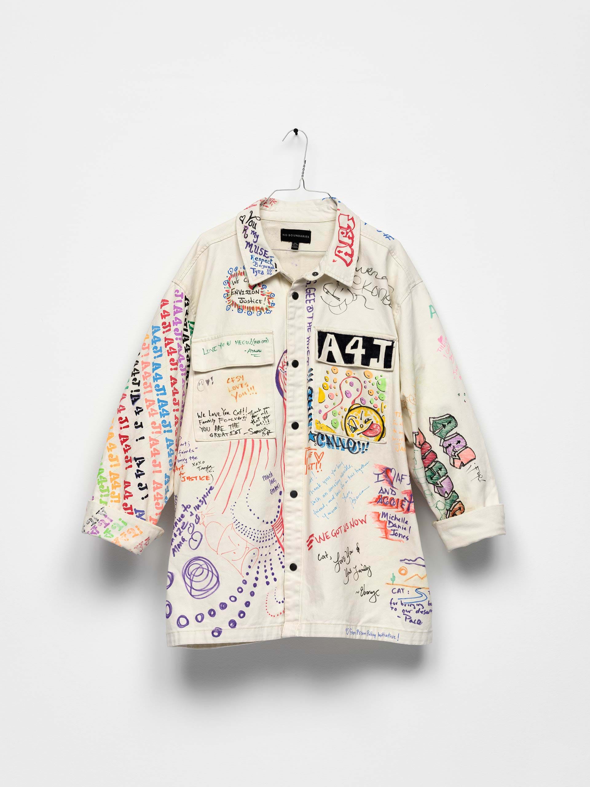 Gilberto Rivera
Untitled, 2023
Ink, marker, and paint on cotton canvas jacket
34 ½ x 30 x 4 inches