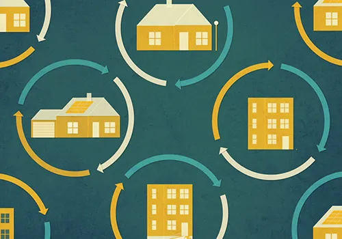 An infographic of icons of a single-family home, an office building, and other buildings shown with arrows following a circular pattern around each item, indicating cyclical activity.