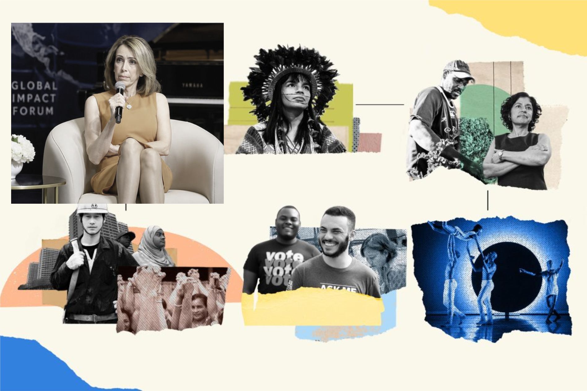 A creative collage for a brand refresh featuring a diverse array of global figures, including an Indigenous leader, a woman in a wheelchair, and community activists. This visual represents inclusion, global social impact, and diverse human experiences in a modern, artistic banner.